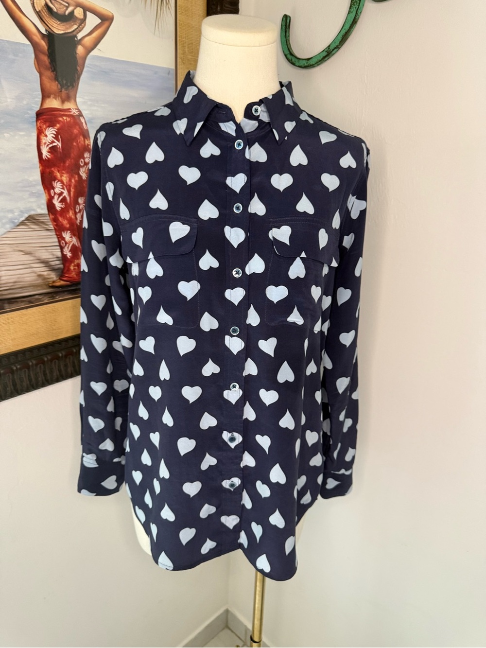 Equipment Femme 100% Silk Heart Print Signature Blouse Navy Blue White